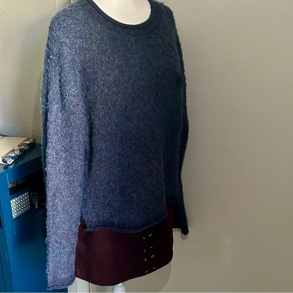 a.n.a. Women's Cozy Fuzzy Blue Wool Blend Split Rolled Hem Sweater - Picture 2 of 10